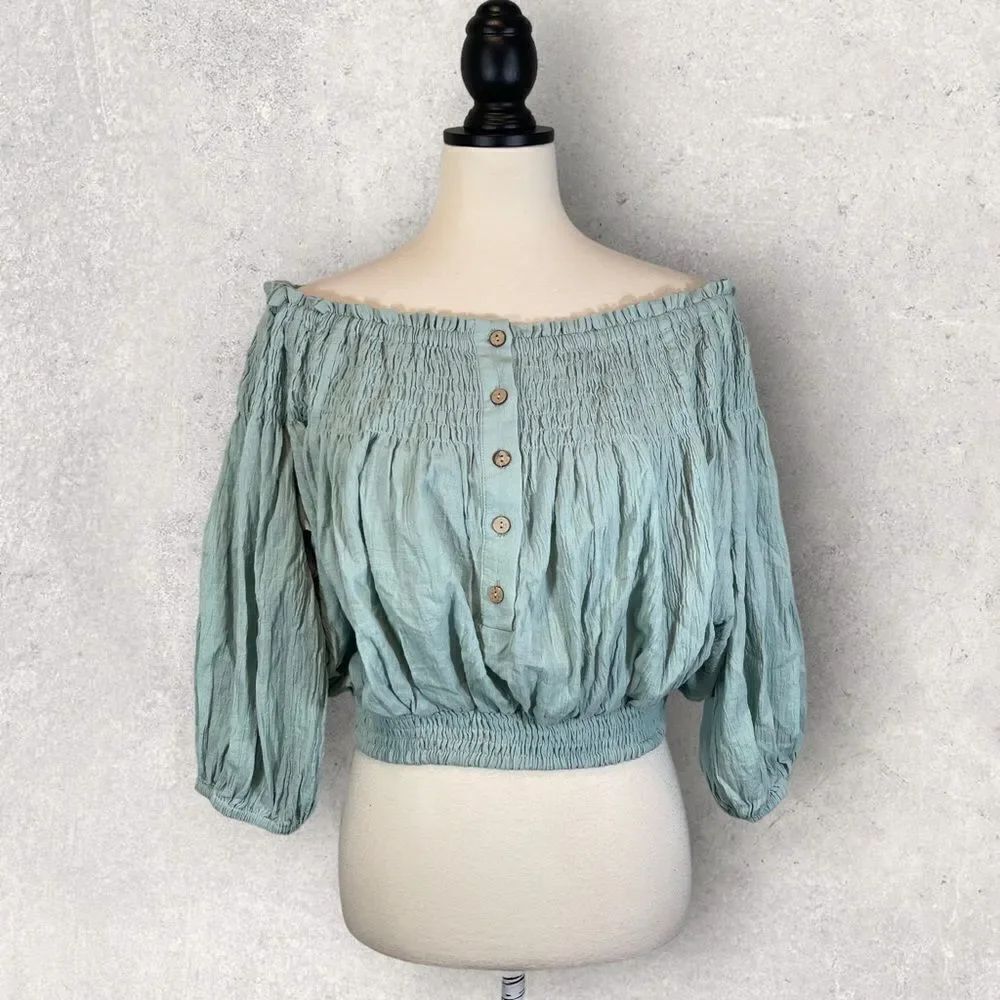 Newbury Kustom Green Smocked Off Shoulder Crop Top Puff Sleeve, New w/ Tags, M